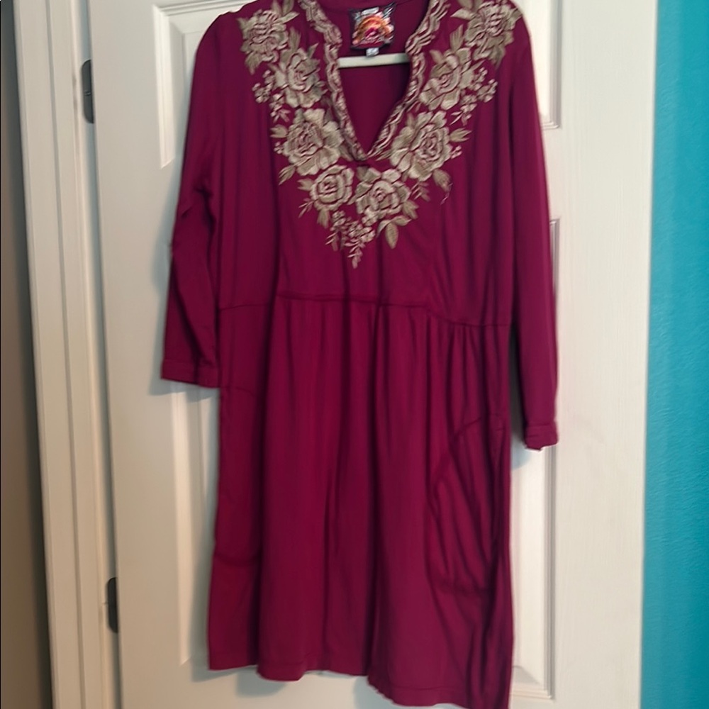 Johnny Was Burgundy Floral Embroidered Mini Dress